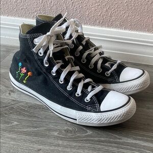 Custom Hand Embroidered Floral Cat High Top Converse
